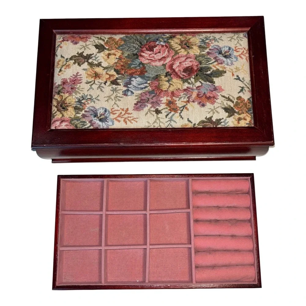 Vintage Floral Tapestry Wooden Jewelry Box Pink Velvet Lining Mirror Organizer